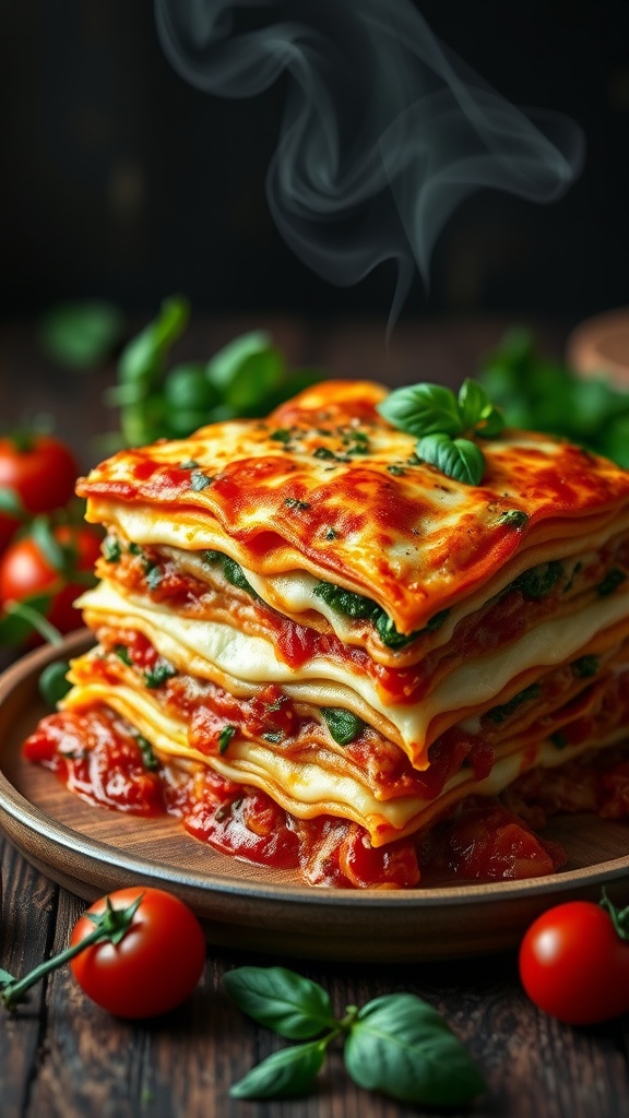 A layered steamed lasagna with melted cheese and tomato sauce, served with fresh herbs on a rustic table.